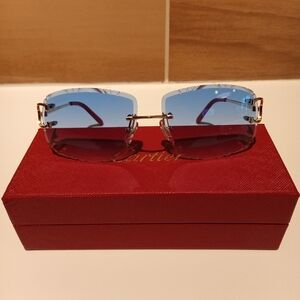 Cartier C decor Blue Tint Gold Wire Diamond Cut Lens Rimless Glasses